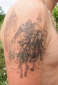 Horse racing warrior tattoo on brown horseback
