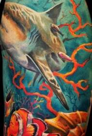 Modellu realistu di tatuu di culore di squalo realisticu sottumessu