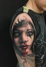 ώμους ανατριχιαστικό χρωματιστό αιματηρό πορτρέτο τατουάζ κορίτσι