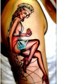 Modello di tatuaggio colorato donna seducente panettiere dipinto vecchio stile
