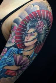 Tatuaggio del braccio grande di colore geisha asiatico con ombrello