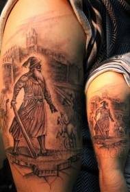 Spalla guerriero marrone che attacca il modello del tatuaggio del castello