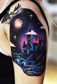 female shoulder color small castle tattoo pattern