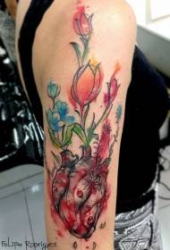 shoulder watercolor style heart and flower tattoo