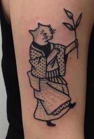Black cat pierced kimono with Asian cat tattoo pattern