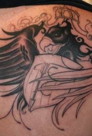 Back black and white shield and bird wings tattoo pattern
