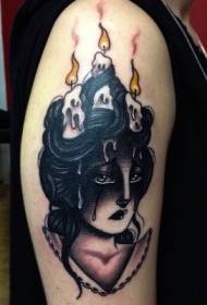warna bahu wanita kepala membakar pola tato lilin