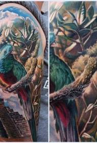 imagen de tatuaje de loro de pirámide maya de color de hombro