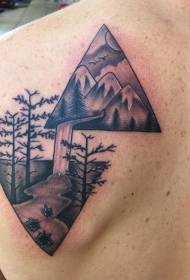 Takaisin musta kolmio vuoristojoen metsän tatuointikuviolla