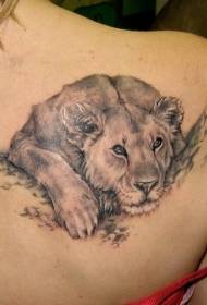 shoulder gray resting lioness tattoo pattern