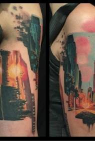 patrón de tatuaxe de paisaxe de cor urbana