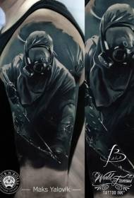 uomo di stile illustrazione spalla con tatuaggio maschera antigas