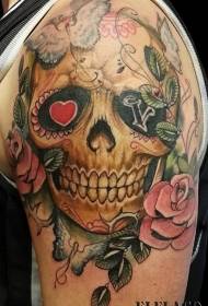 shoulder color Mexican traditional human skull tattoo