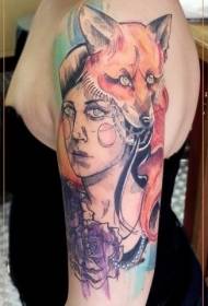 braccio illustrazione stile donna di colore con motivo a tatuaggio volpe