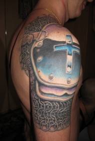 Male shoulder shiny colored armor tattoo pattern