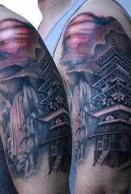 Braccio in stile asiatico sorprendente modello di tatuaggio del tempio