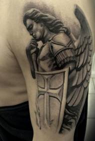 Shoulder black and white guardian angel tattoo pattern