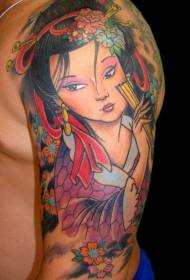 Modello del tatuaggio del ritratto e dei fiori della geisha asiatica di stile del fumetto sveglio del grande braccio