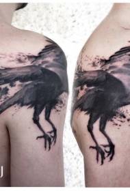 male shoulder black gray crow flying tattoo pattern