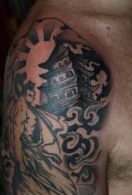 Μεγάλο βραχίονα ασιατικό θέμα μαύρο και άσπρο ναό και μοτίβο τατουάζ σαμουράι