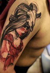 modello di tatuaggio donna raccapricciante spalla stile schizzo di colore