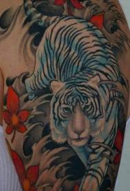 Tigre bianca variopinta di stile asiatico con il modello del tatuaggio del grande braccio dei wildflowers