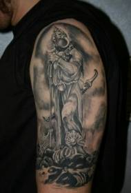 Nigra-kaj-ruĝa vikinga militisto tatuas sur ŝultro