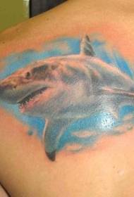 color shark tattoo pattern on male shoulder blade