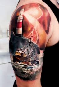 disegno del tatuaggio spalla colore mare vela