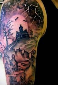 Modello di tatuaggio di chiesa misteriosa spaventosa cimitero di spalla e pipistrello