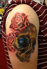 New traditional style colored gold skull with red rose tattoo pattern