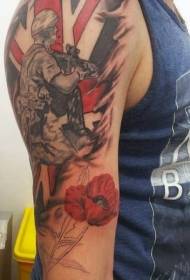 shoulder color soldier and flowers military theme tattoo 59094-shoulder brown medieval women's tattoo pattern