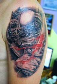 Modello di tatuaggio guerriero spalla colore e spada di sangue