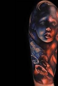 shoulder color horror style girl portrait tattoo pattern
