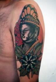 ʻahuʻu kāne ʻōpio Buddha statue with pua tattoo