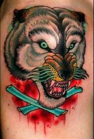Big arm multicolored evil beast with crossed bones tattoo pattern