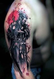 Japonski barvni rami Samuraj in Sun Tattoo Vzorec
