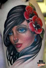 рамо боја црвена роза убава тетоважа со бринета девојка портрет