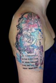 shoulder color letters and water rose flower tattoo pictures