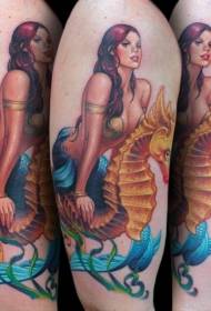 Schëller Faarf Illustratioun Stil Mermaid an Hippocampus Tattoo