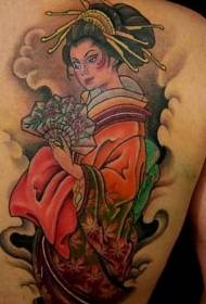 Arkadaki şirin Asyalı geyşa renkli dövme deseni