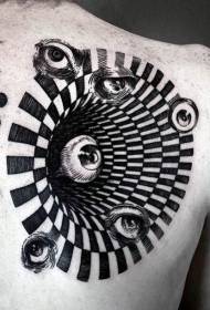 Czarno-białe tajemnicze latające oczy na ramionach z hipnotycznym dekoracyjnym wzorem tatuażu