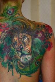 Kichwa cha simba cha bega kilicho na rangi na muundo wa tattoo ya maua