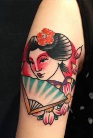 Азия түстүү Geisha жана күйөрман чоң колу тату үлгүсү