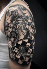 Modello di tatuaggio scudo armatura spaventoso casco armatura medievale in bianco e nero grande braccio