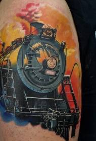 shoulder illustration style color steam train tattoo pattern