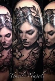 Big arm black woman with butterfly and flower tattoo pattern