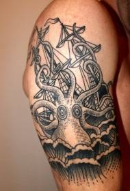 Grote arm oude school zwarte lijn grote octopus met zeilboot tattoo patroon