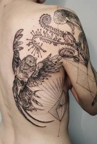 Fantastiškos juodos ir baltos linijos su paukščių ir augalų geometriniu nugaros tatuiruotės modeliu