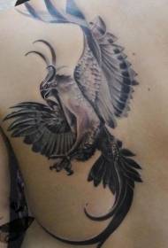 Kulay itim na kulay-abo na phoenix back tattoo